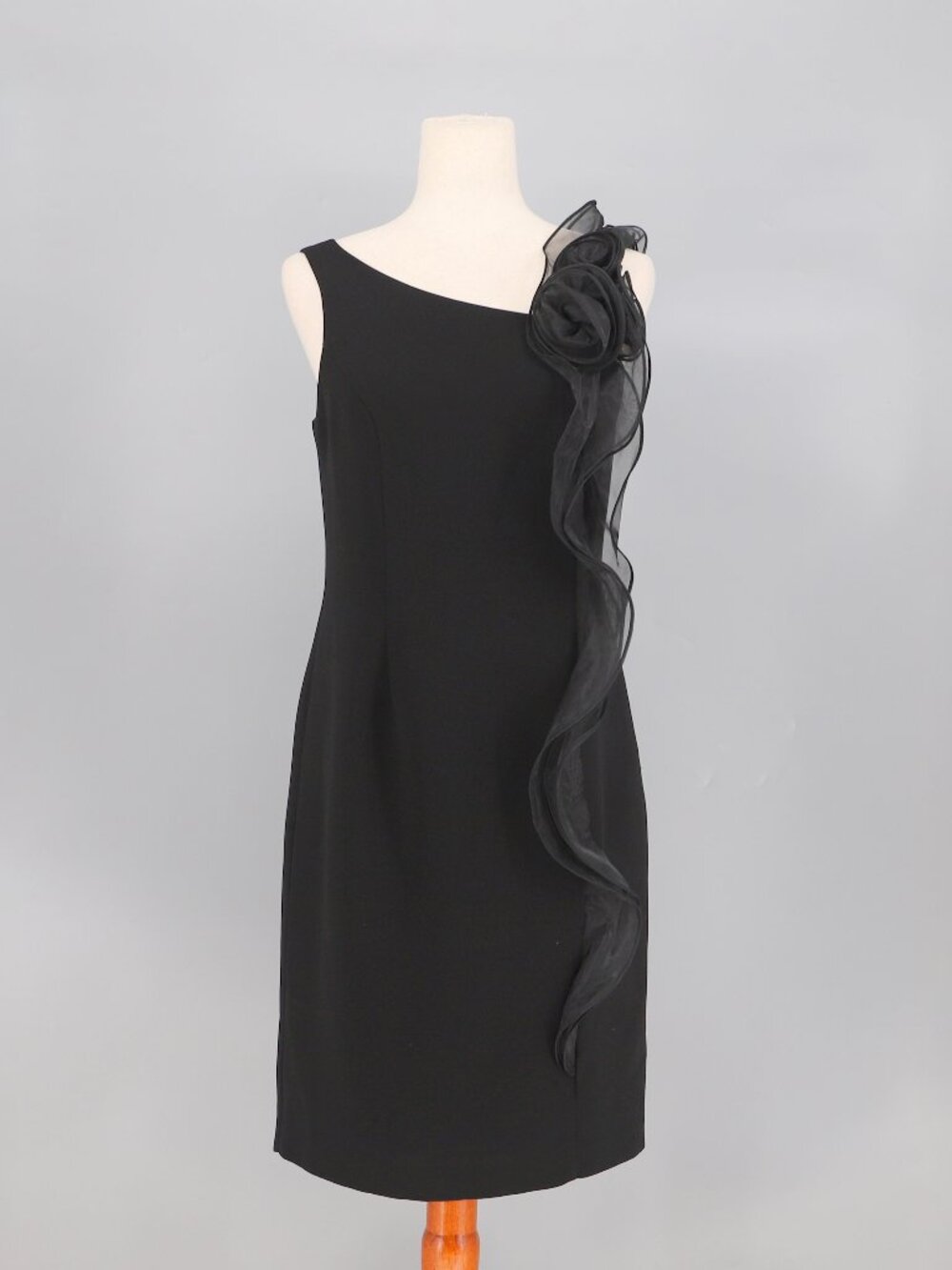 KARL LAGERFELD One Shoulder Dress Organza Ruffle Flroral Detail in Black Size 8